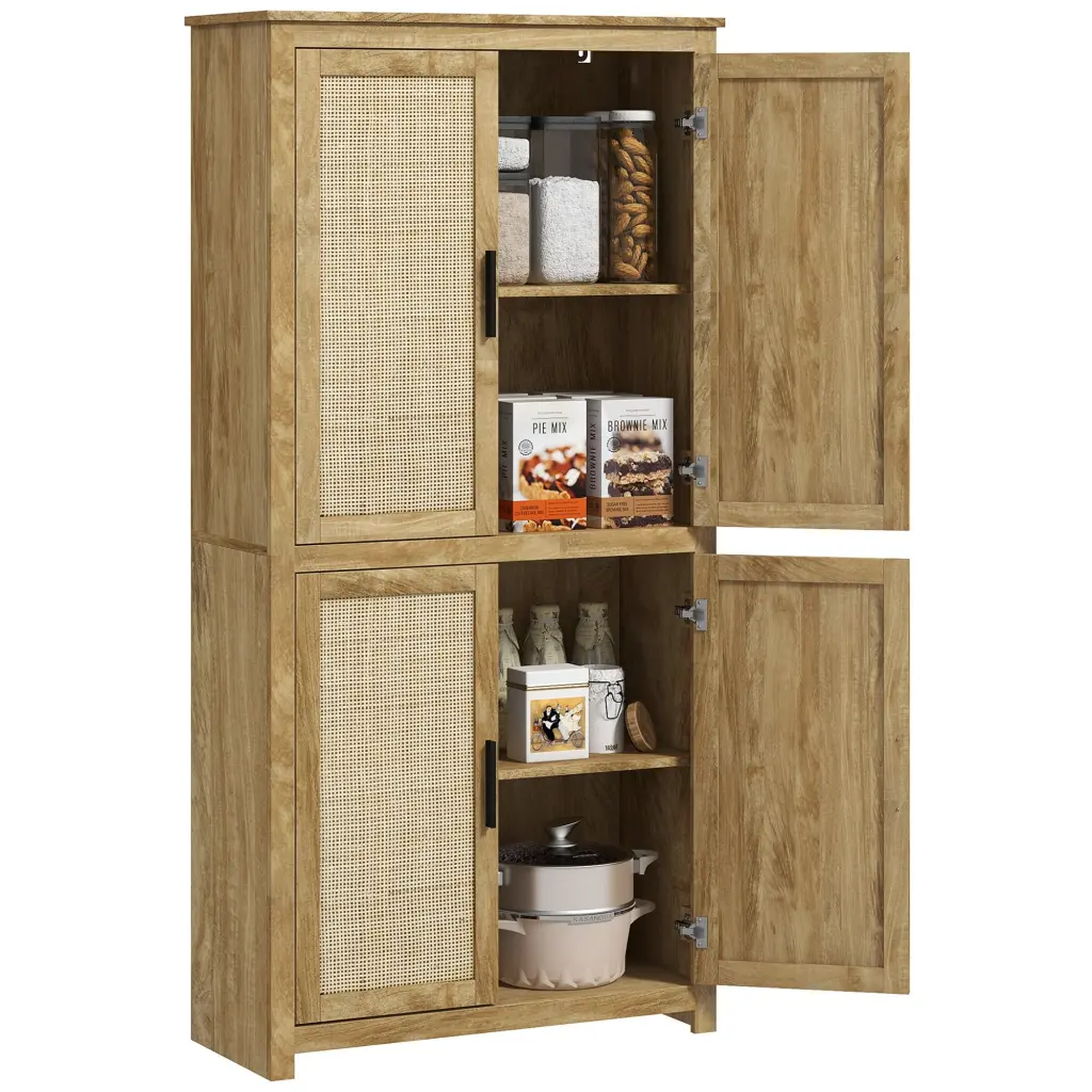 Homcom 64 Inch Rattan Kitchen Storage Cabinet Adjustable Shelf Natural aosom business