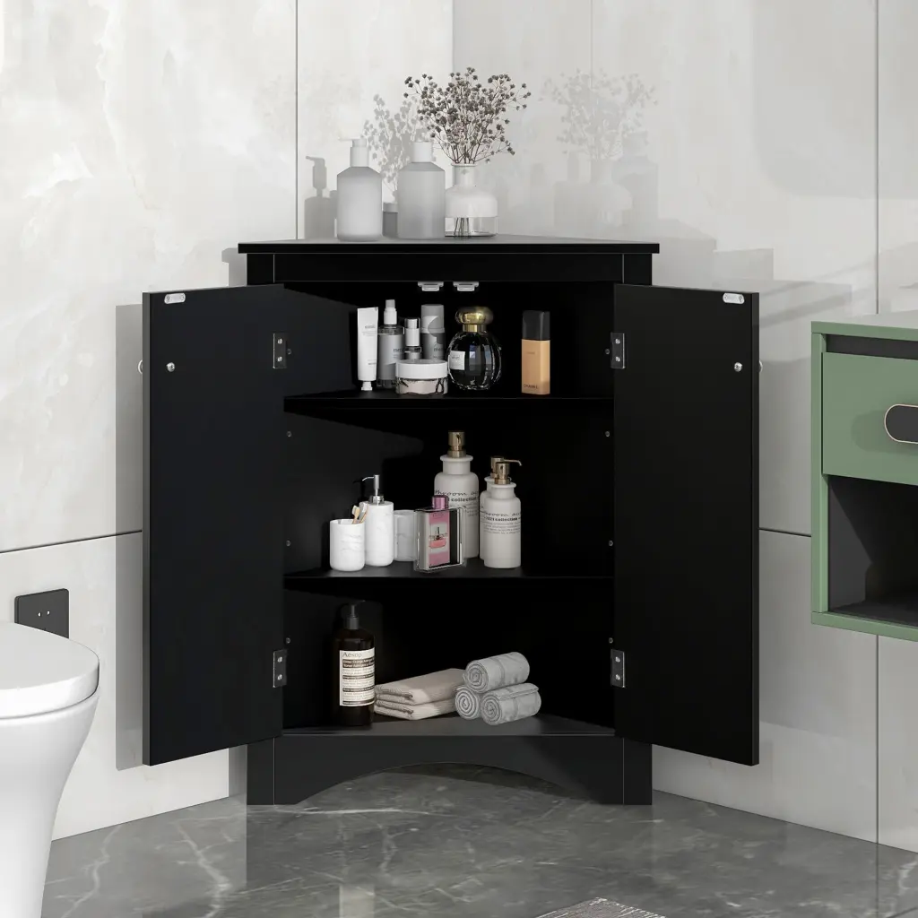 Black Triangle Bathroom Storage Cabinet Adjustable Shelves Freestanding Organizer by