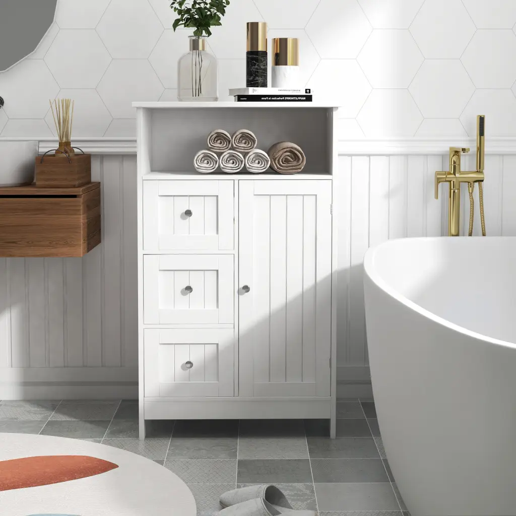Bathroom Standing Storage Cabinet 3 Drawers And 1 Door White cl worthy houseware co.-ltd.