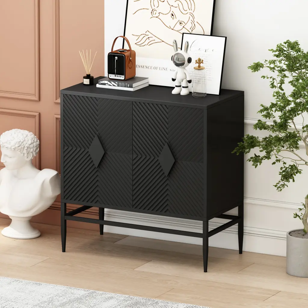31.50 Inch Modern 2 Door Wooden Storage Cabinet Accent Cabinet Metal Legs fs furniture