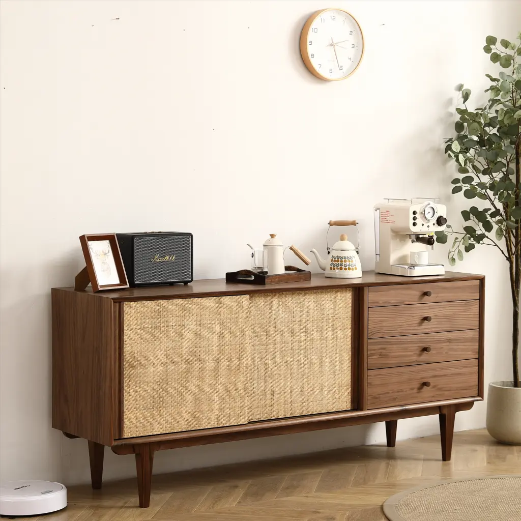 Two Door Four Drawer Cabinet Natural Rattan Weaving Black Walnut Storage furnisoar lifestyle