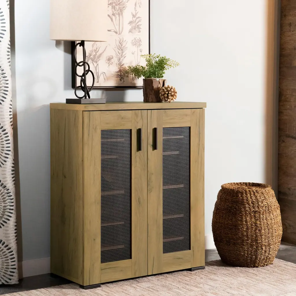 Golden Oak and Black Mesh Door Accent Cabinet 5 Shelves furniture max