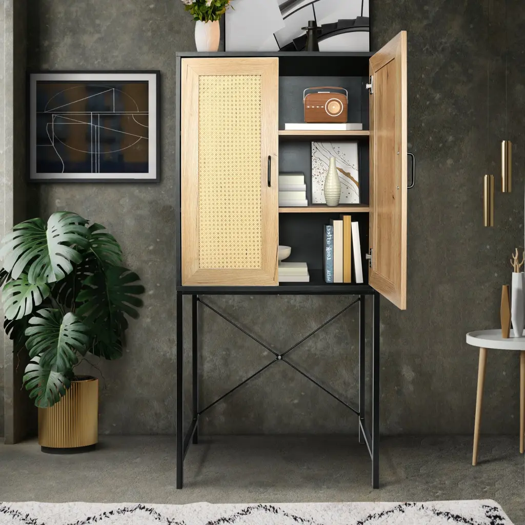 59 Inch High Elegant Cabinet 2 Rattan Doors Bedroom Living Room Kitchen Storage golden walnut