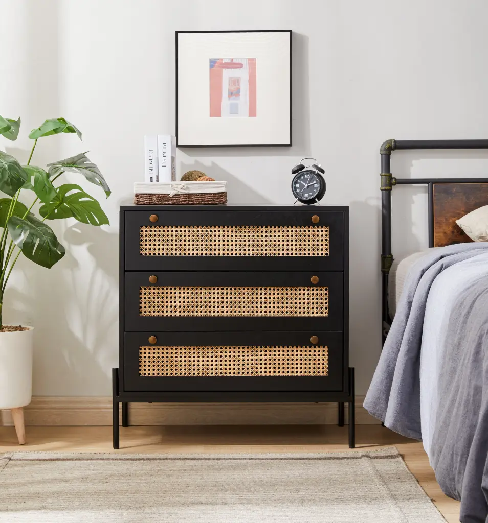 Rattan Storage Cabinet 3 Large Drawers Boho Mid Century Wooden haiyi furniture