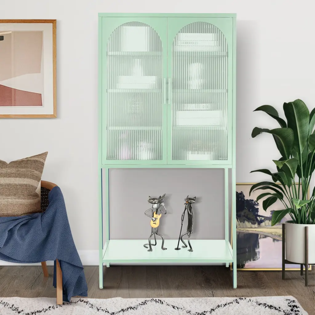 Elegant Floor Cabinet 2 Glass Arched Doors Living Room Presentation Display rnb