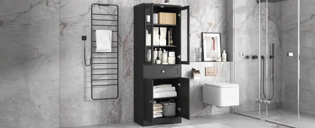 Tall Bathroom Storage Cabinet, Cabinet Four Doors And Drawers, Adjustable Shelves rnb