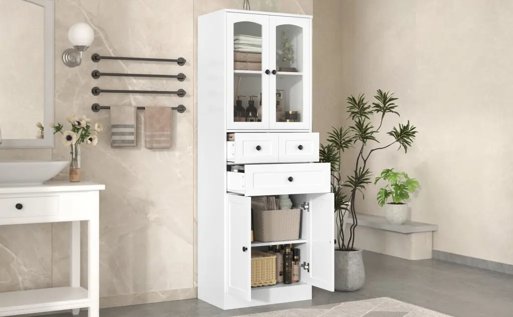 Tall Bathroom Storage Cabinet Four Doors and Drawers Adjustable Shelves rnb