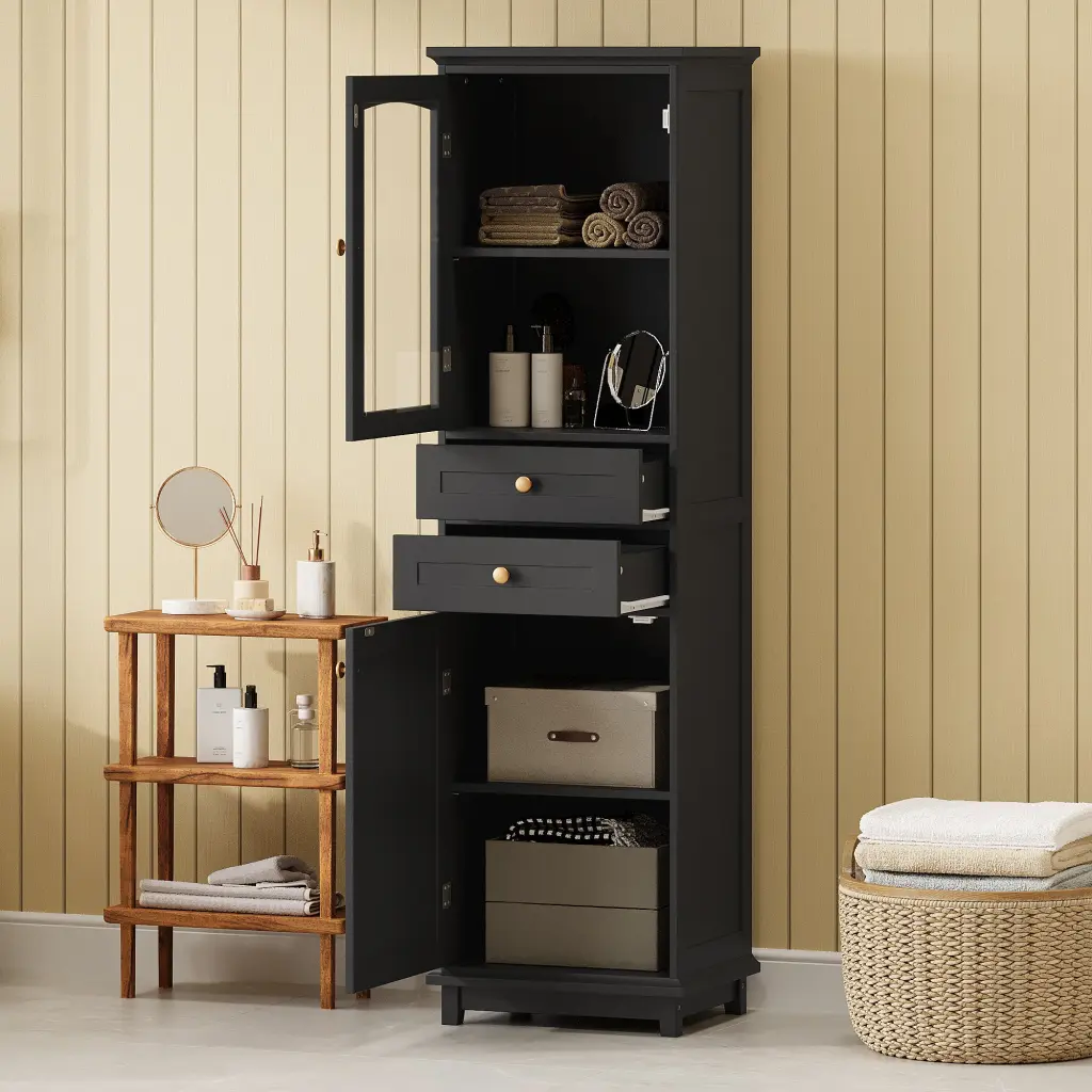Tall Bathroom Storage Cabinet Glass Doors Free Standing Two Drawers rnb
