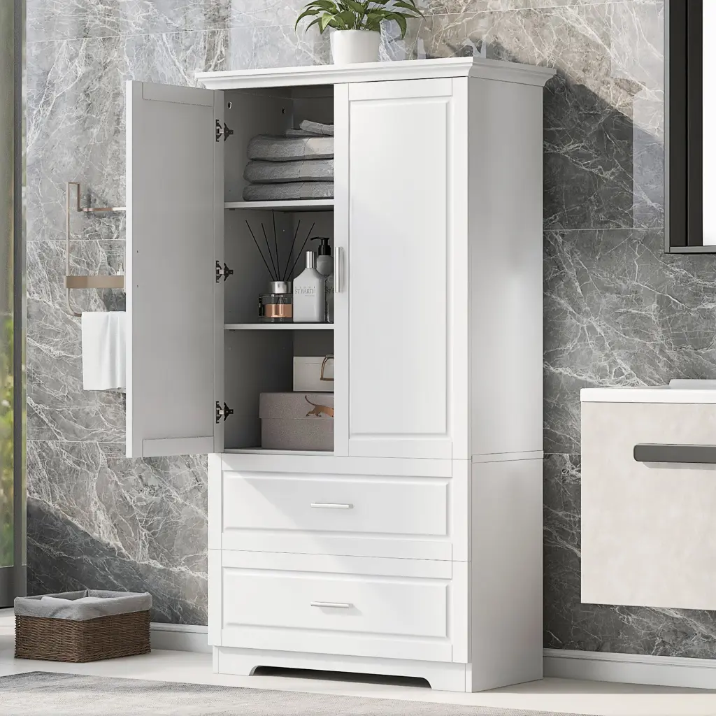 Tall Bathroom Storage Cabinet Two Doors and Drawers - Adjustable Shelves Bathroom Organization rnb