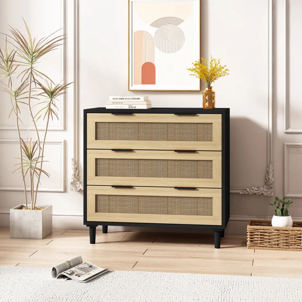 31.5 Inch 3 Drawer Rattan Storage Cabinet Bedroom Living Room spribung