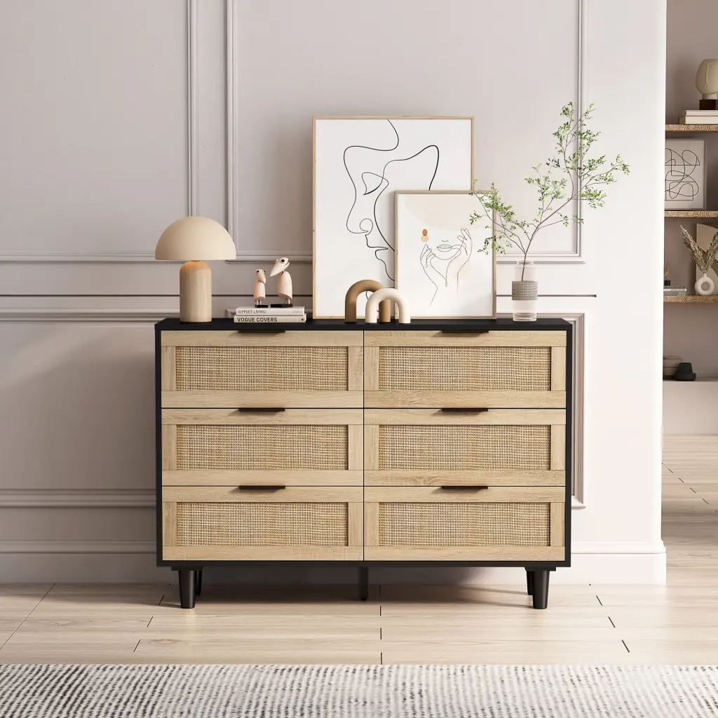 43.31 Inch 6 Drawers Rattan Storage Cabinet Bedroom Living Room spribung