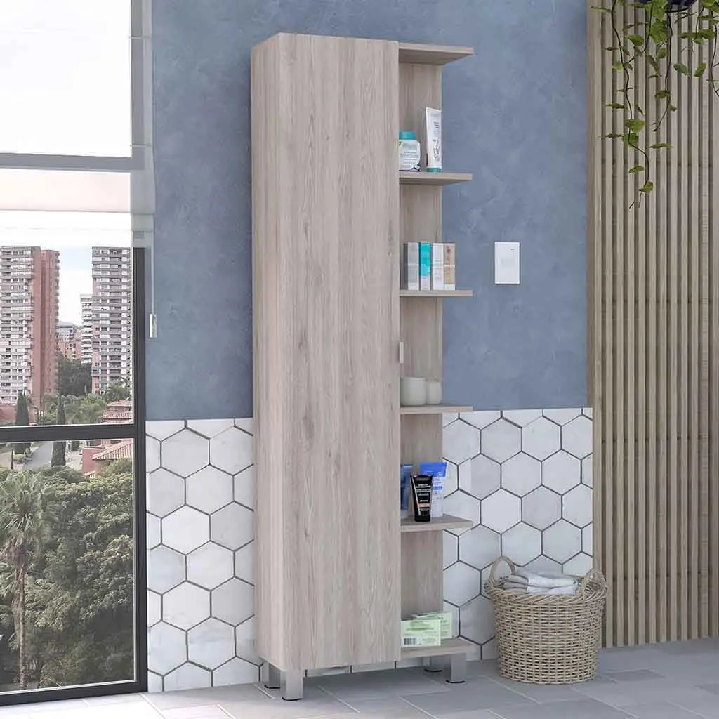 Corner Cabinet Womppi Five Open Shelves Single Door Light Gray Finish treevol furniture