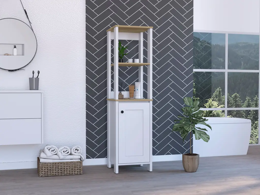 Linen Cabinet Jannes Two Open Shelves and Single Door Light Oak White treevol furniture