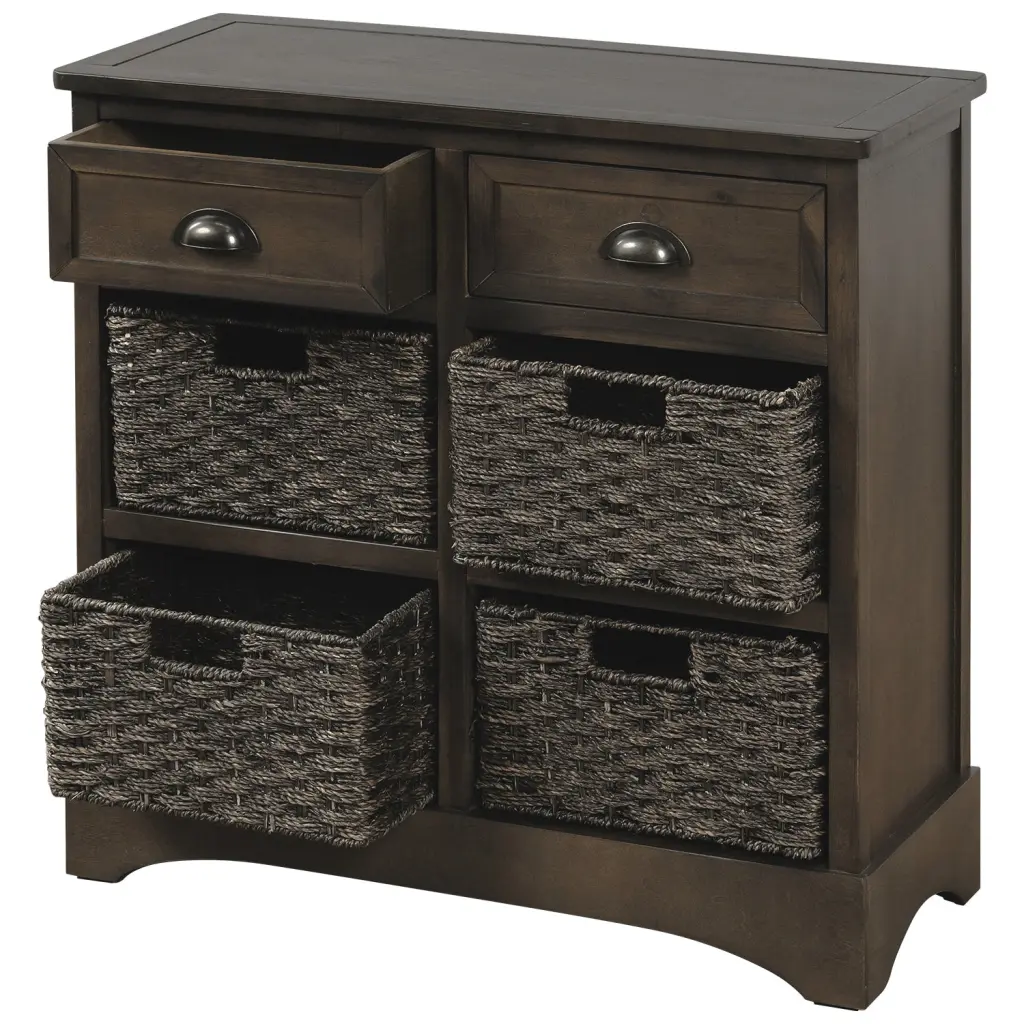Rustic Storage Cabinet Two Drawers and Four Timeless Rattan Bins Home Organization trexm