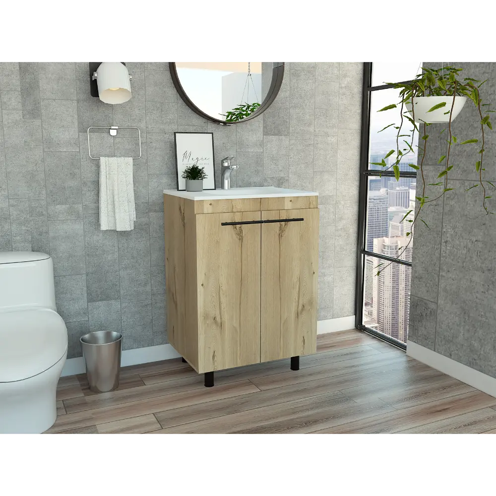Khari 24 Inch Floor Cabinet Double Door Two Shelves Light Oak Beige Particle Board tuhome
