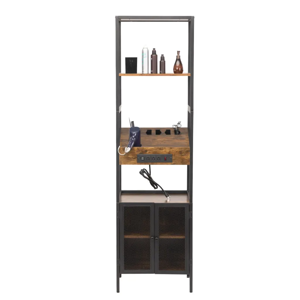 Salon Storage Cabinet Open Shelves And Hair Dryer Holders Vintage Style Beauty Furniture w2181