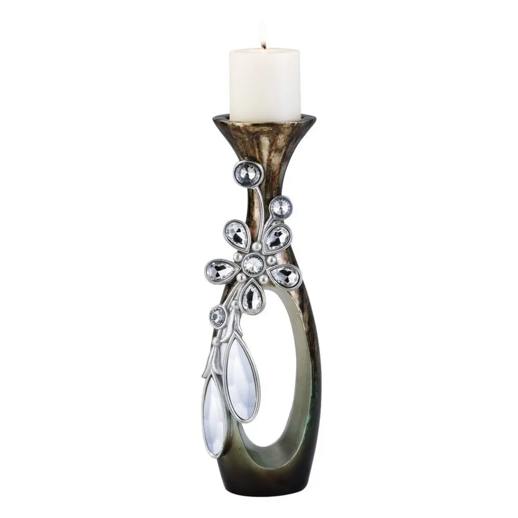 20 Inch Tall Polyresin Balleria Candleholder Crystal And Glass Accent california home