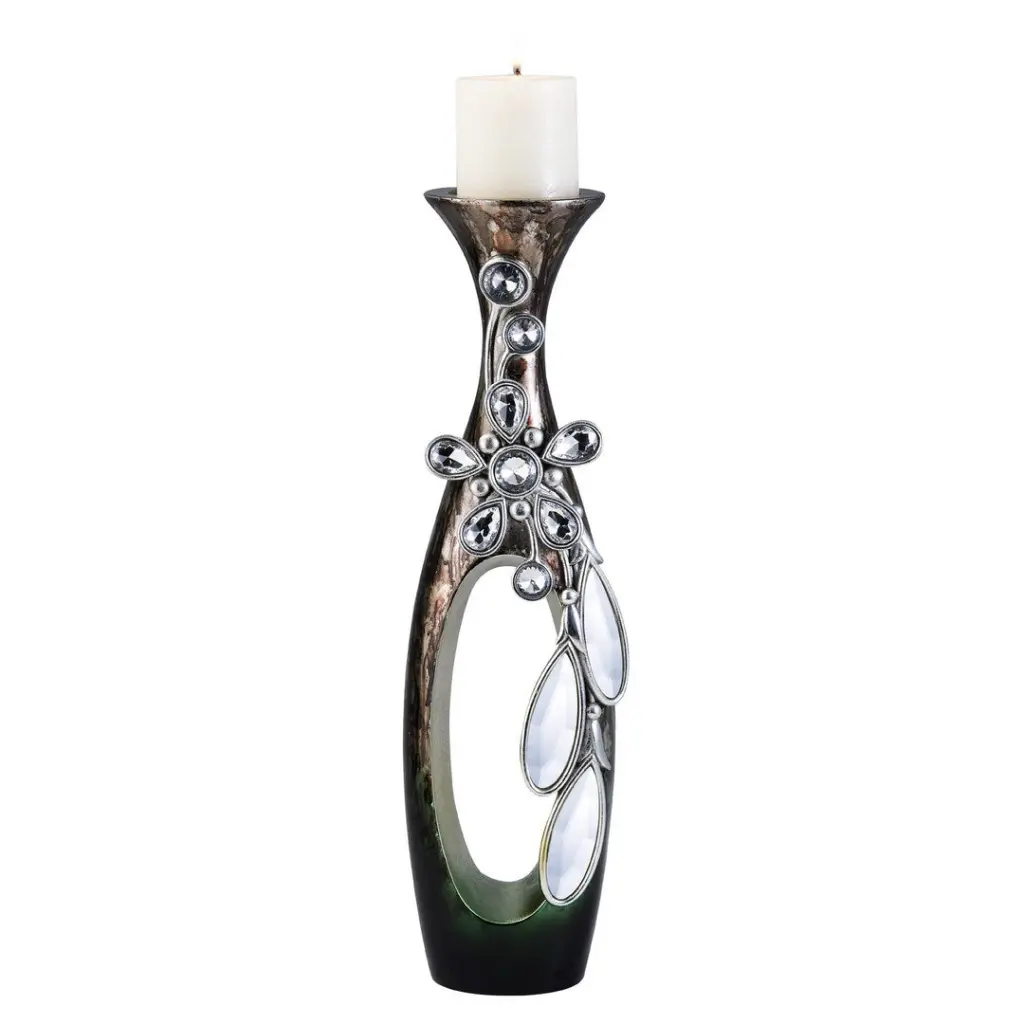 16 Inch Tall Polyresin Balleria Candleholder Crystal And Glass Accent california home