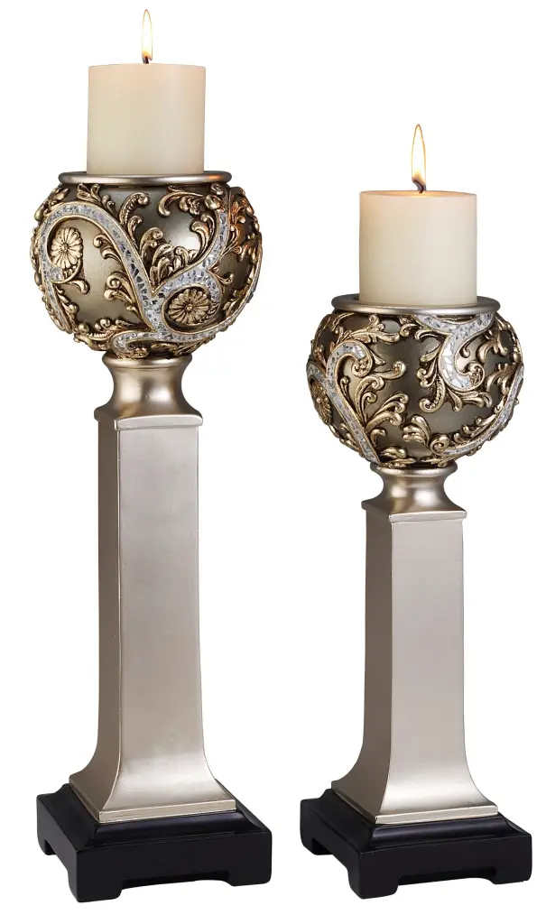 15" And 19" Polyresin "Vine" Candleholder, Silver Finish Set 2 california home