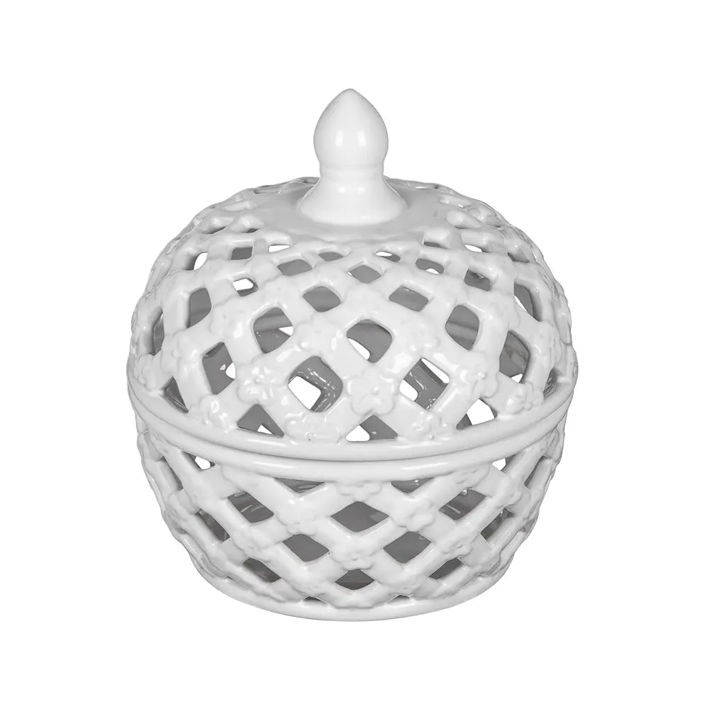 D8X9.5 Inch White Ceramic Lidded Jar Lattice Design White Ceramic w2078