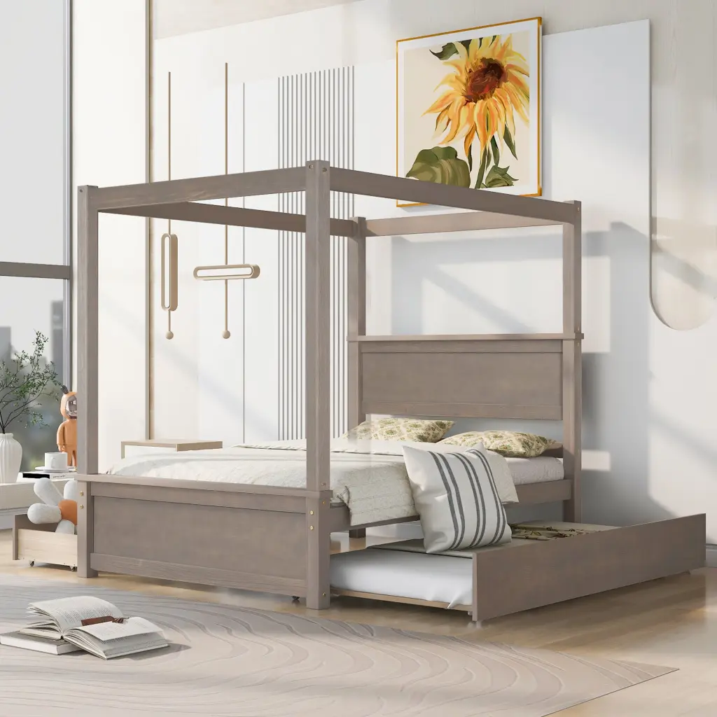 Wood Canopy Bed Trundle Bed And Two Drawers Full Size Canopy Platform lucky furniture