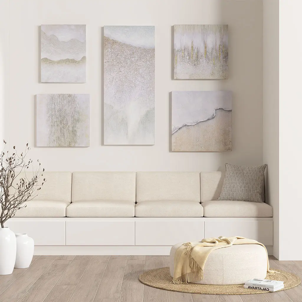 Hand Embellished Abstract 5 Piece Gallery Canvas Wall Art Set Neutral Colors jla