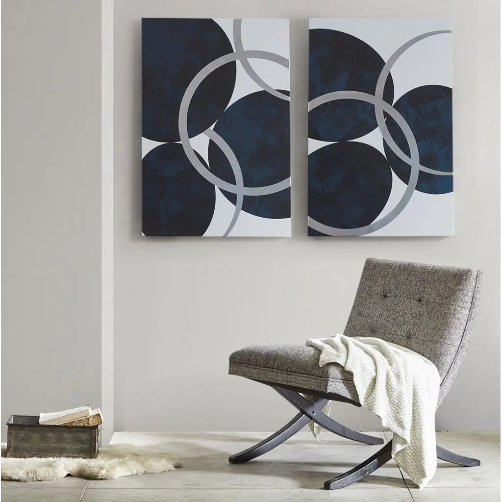 Silver Foil Abstract 2 Piece Canvas Wall Art Set Navy Blue Modern Home Decor jla