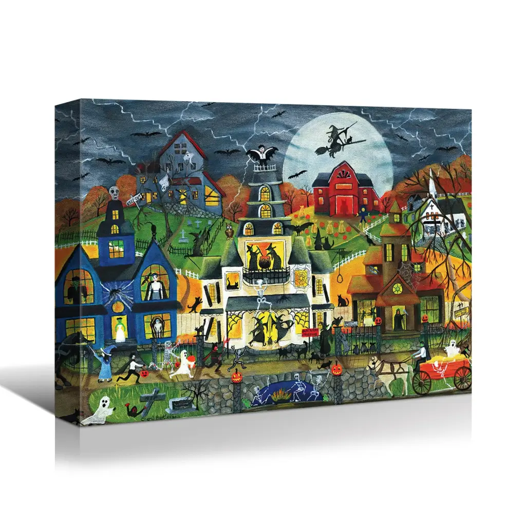 1Pcs Drop Ping Framed Canvas Wall Art Decor Painting Halloween Haunted House looife art