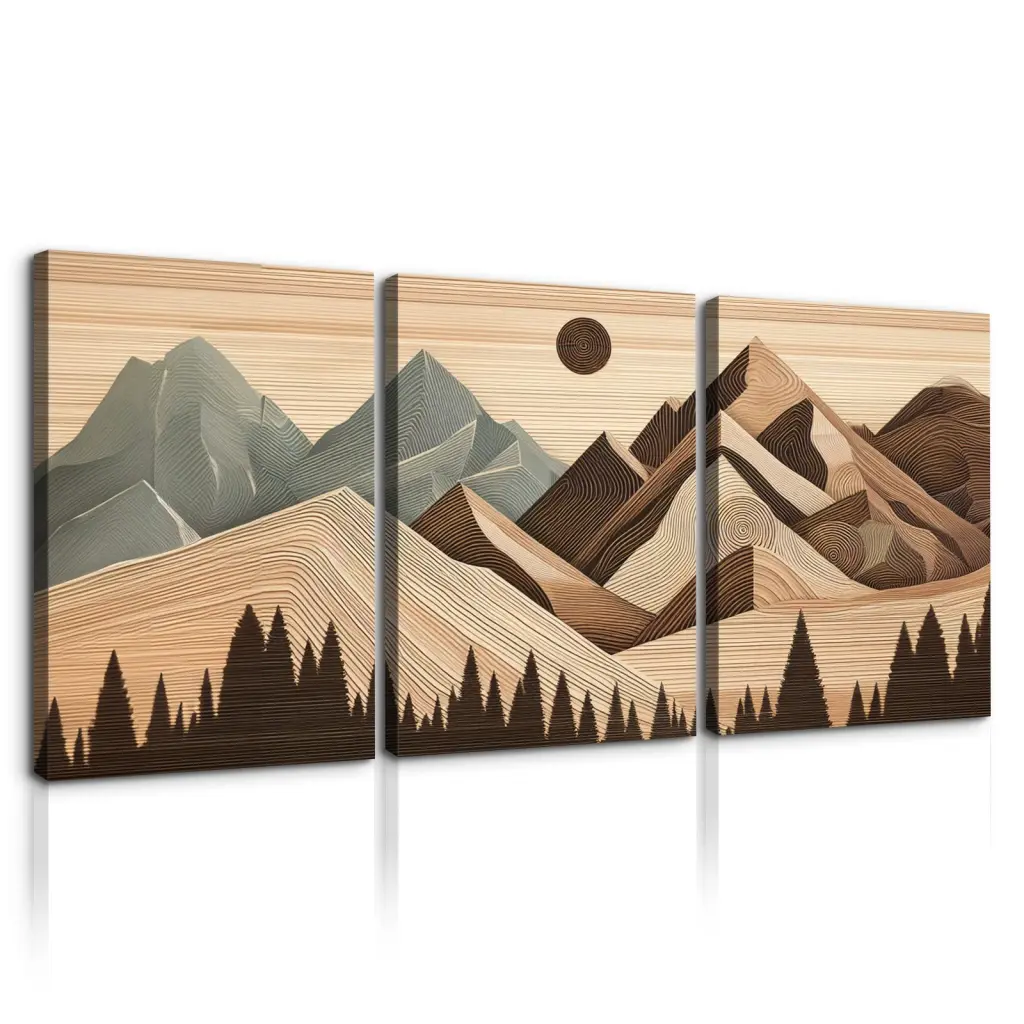 3 Panels Framed Abstract Wood Grain Style Mountain Forest Canvas Wall Art looife art