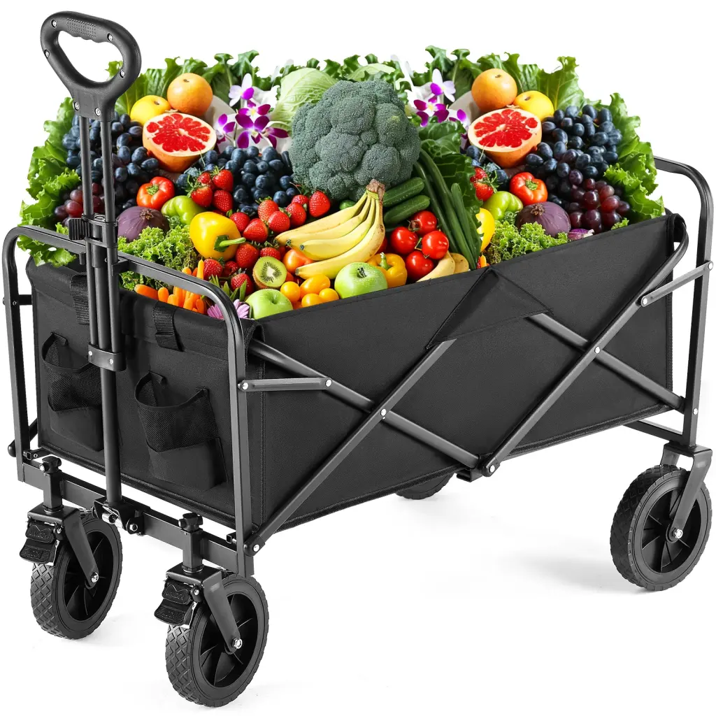 Folding Wagon Cart Wheels Foldable Grocery Cart Large Black w2201