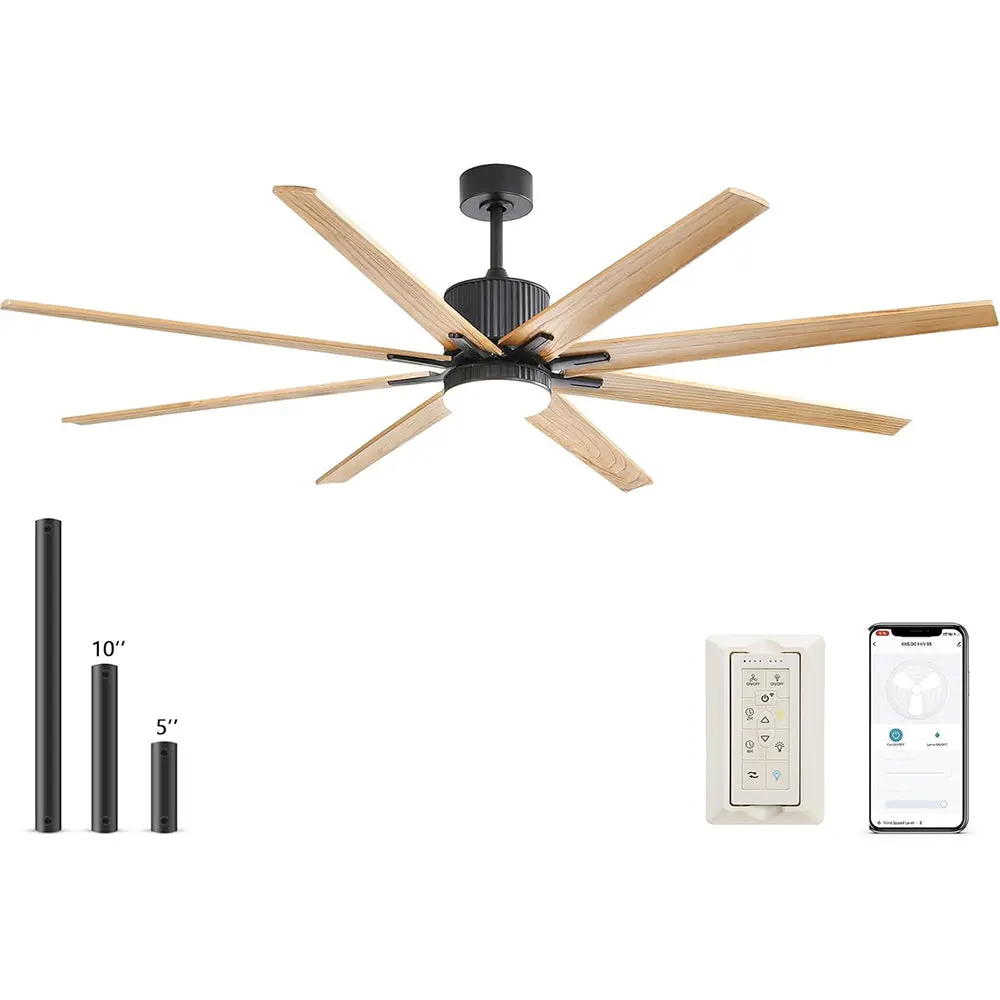 76 Inch Indoor Ceiling Fan Dimmable 3 Color LED Light and 8 Solid Wood Blades