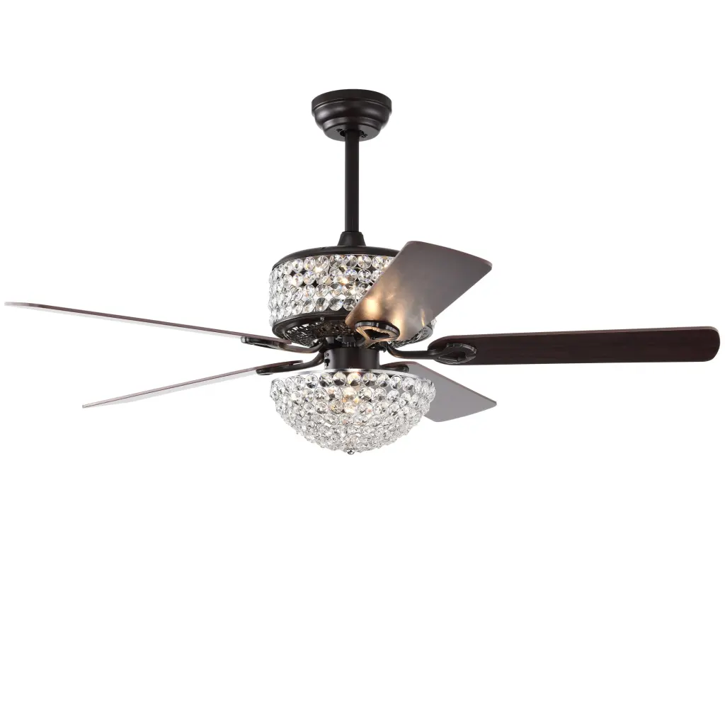 52 Inch Dual Crystal Shade Ceiling Fan 5 Wood Blades Two Color hengermei