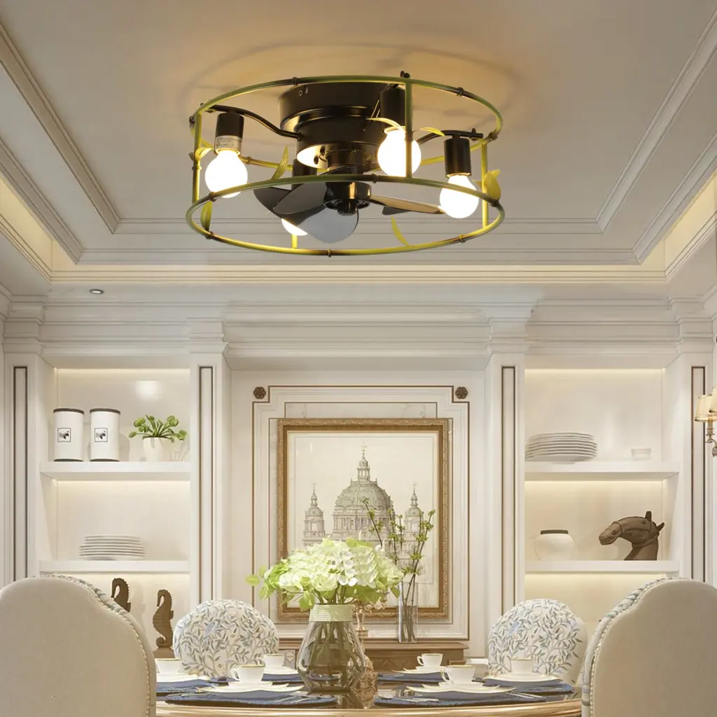 Flush Mount Ceiling Fan Light And Remote Regulation Green Caged Low Profile Fan lighting commune