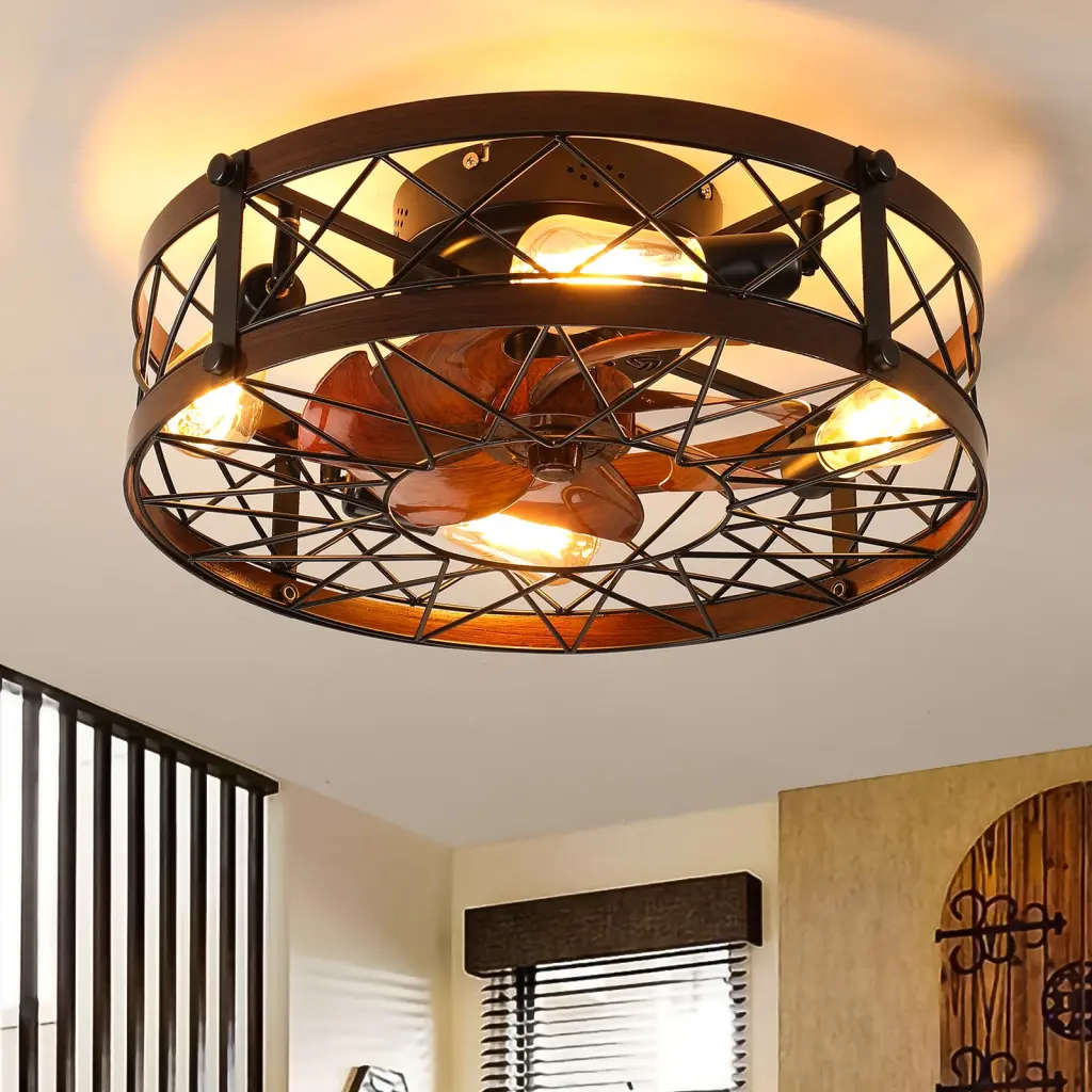 20 Inch Black Flush Mount Caged Ceiling Fan Lights lighting commune