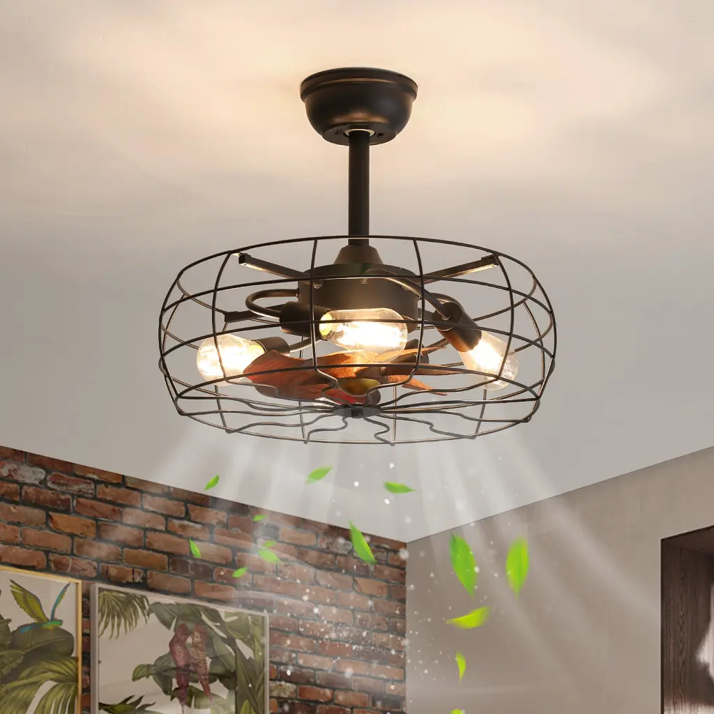 19 Inch Cage Retro Ceiling Fan Lights Black Rustic Industrial Style No Bulbs Included w1962 seehui lighting