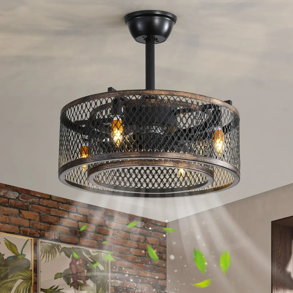 20 Inch Caged Ceiling Fan Lights Black Retro Iron Note No Bulbs Included w1962 seehui lighting