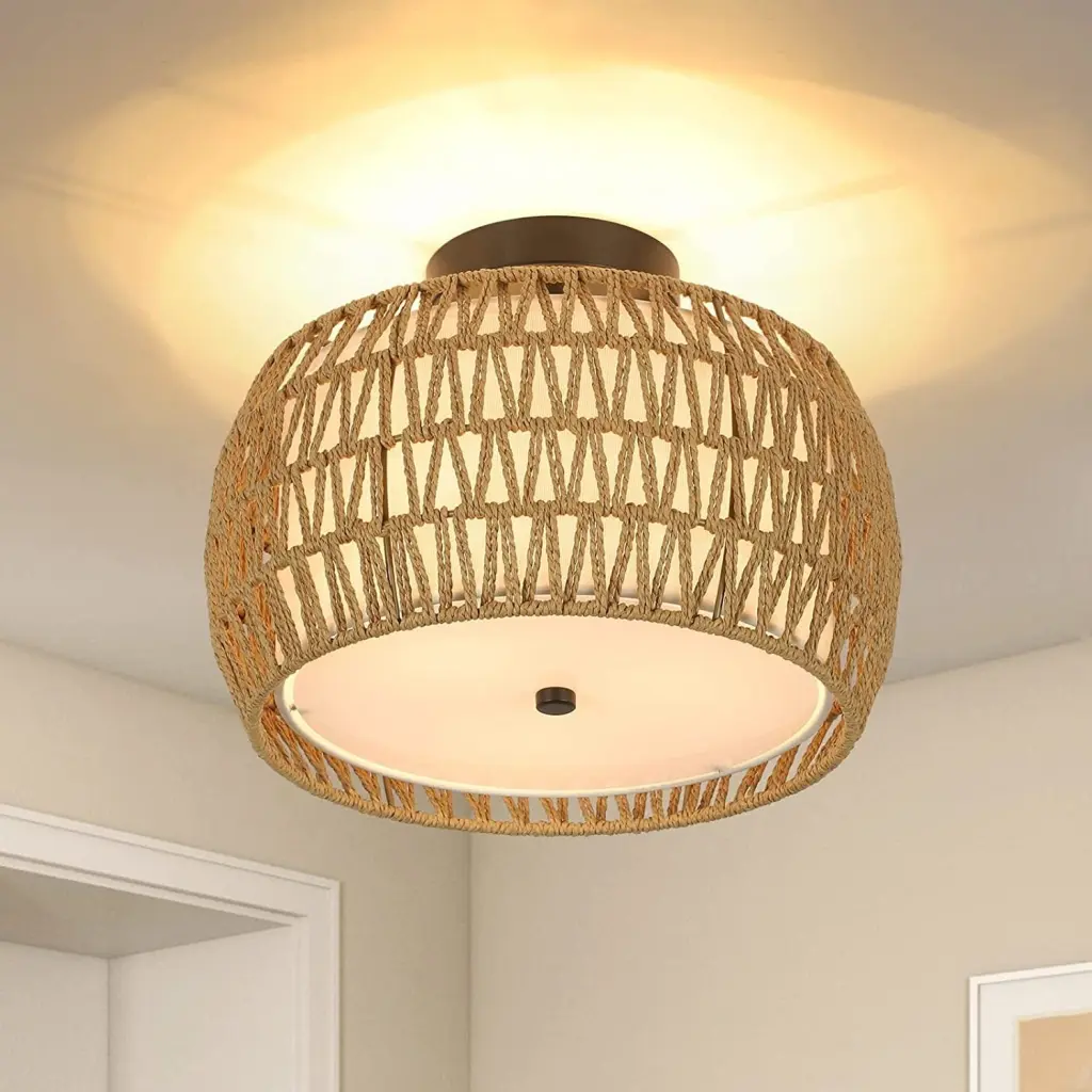 3 Light Woven Rattan Semi Flush Mount Ceiling Light Brown Rattan Fixture dfzj