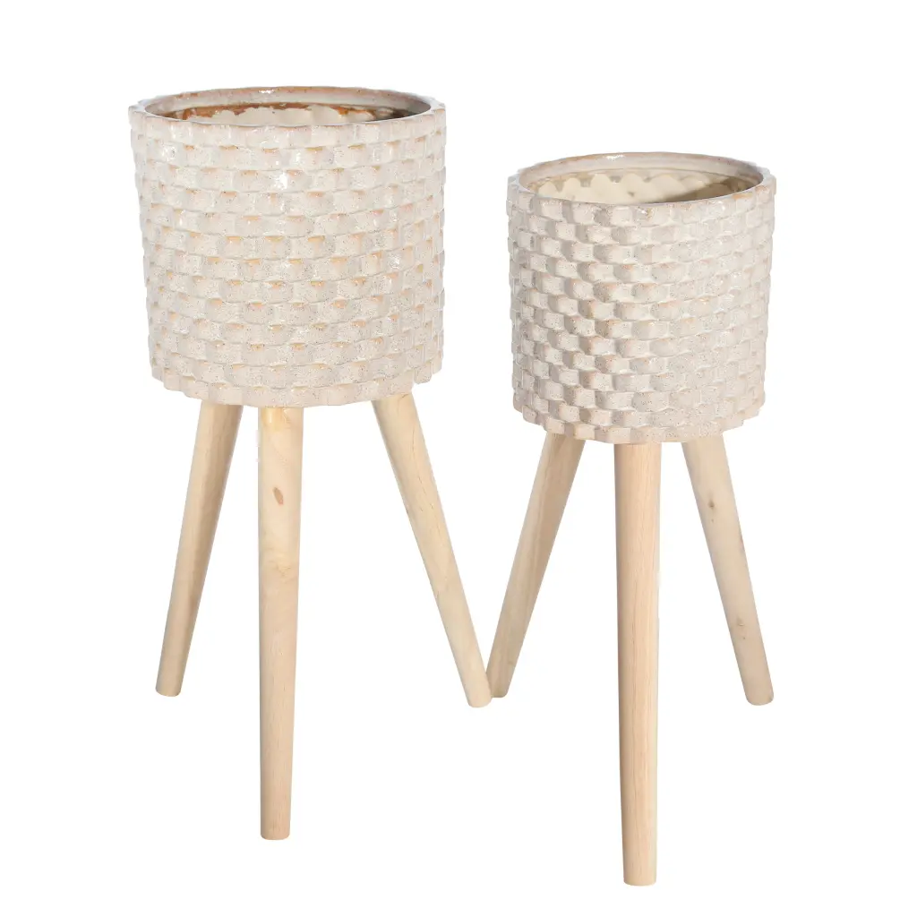 Textured Ceramic Planter Tripod Legs Set 2 Cream And Brown Indoor Plants royal hampton