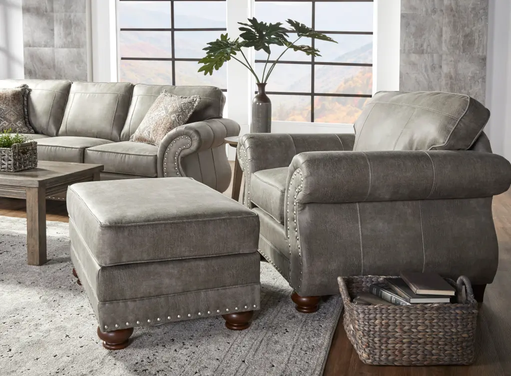 Leinster Gray Faux Leather Upholstered Chair and Ottoman Set hz