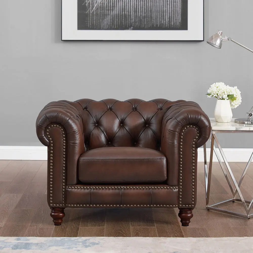 Alton Bay Top Grain Leather Chair Brown Mid Century Modern Living Room Furniture hydeline furniture