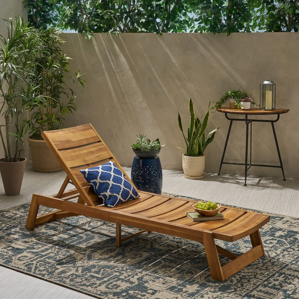 Maki Chaise Lounge Yellow Brown Metal & Wood Outdoor Lounge Chair nh-perfect home