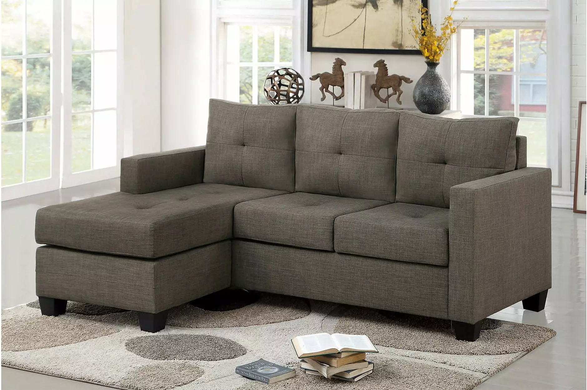 Brown Gray Reversible Sectional Sofa Chaise and Tracked Arms - Contemporary Living Room Furniture Esofastore