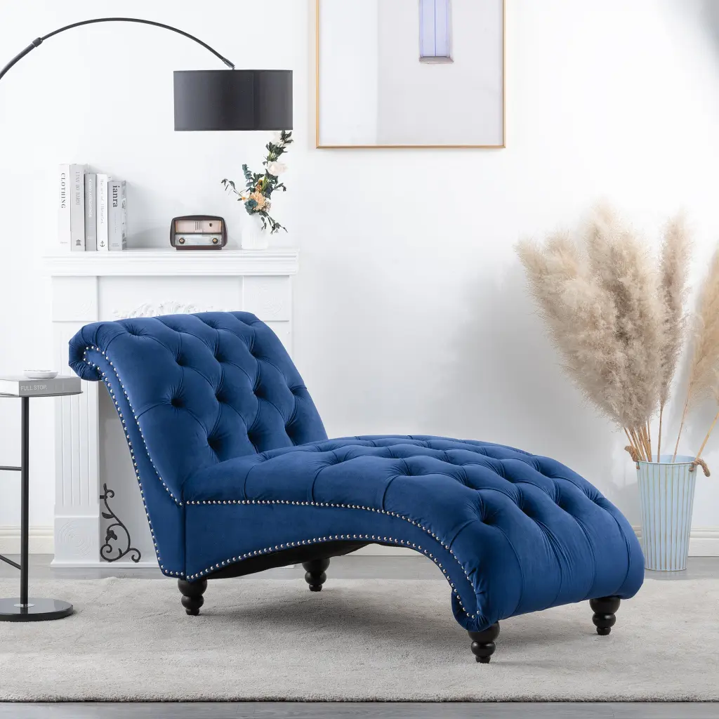 Tufted Armless Chaise Lounge Blue Polyester Fabric rnb