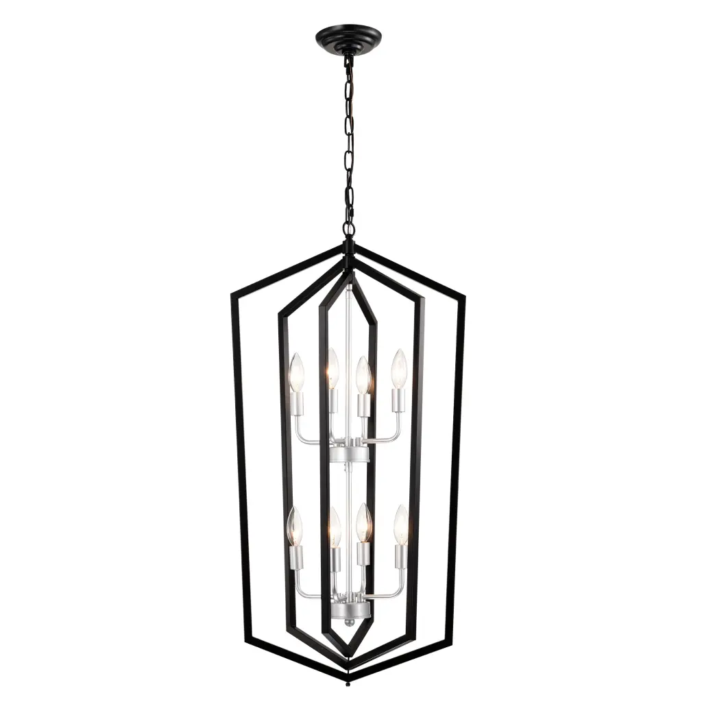 8 Light Farmhouse Kitchen Chandelier Matte Black and Silver Vintage Style hengermei