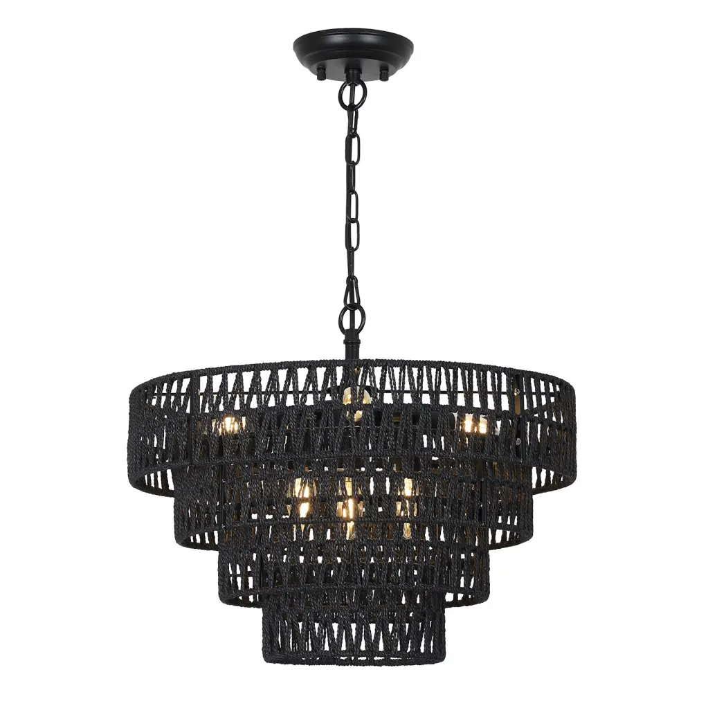 Boho 6 Light Rattan Chandelier Black Rattan Metal Dining Room rnb