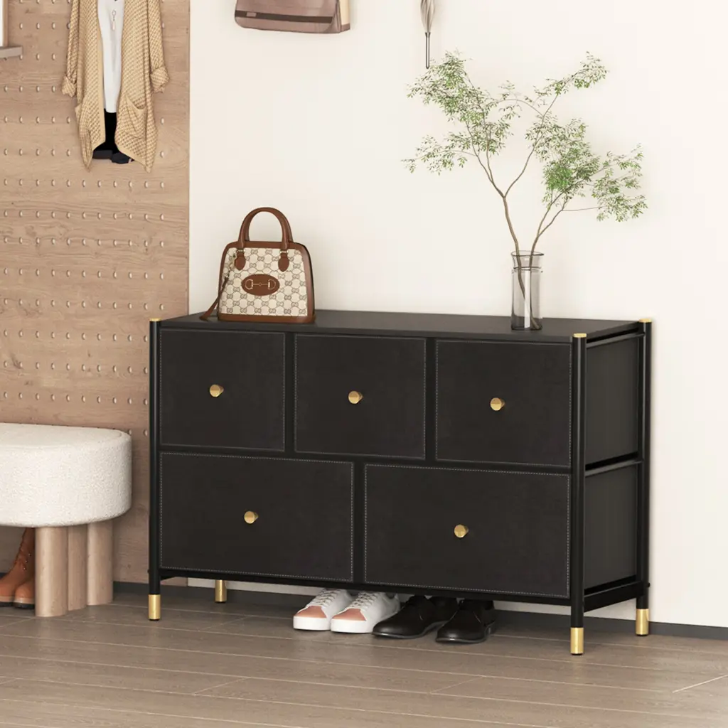 Drawer Dresser Cabinet - 5 PU Leather Front Drawers Bedroom Storage jxy furniture