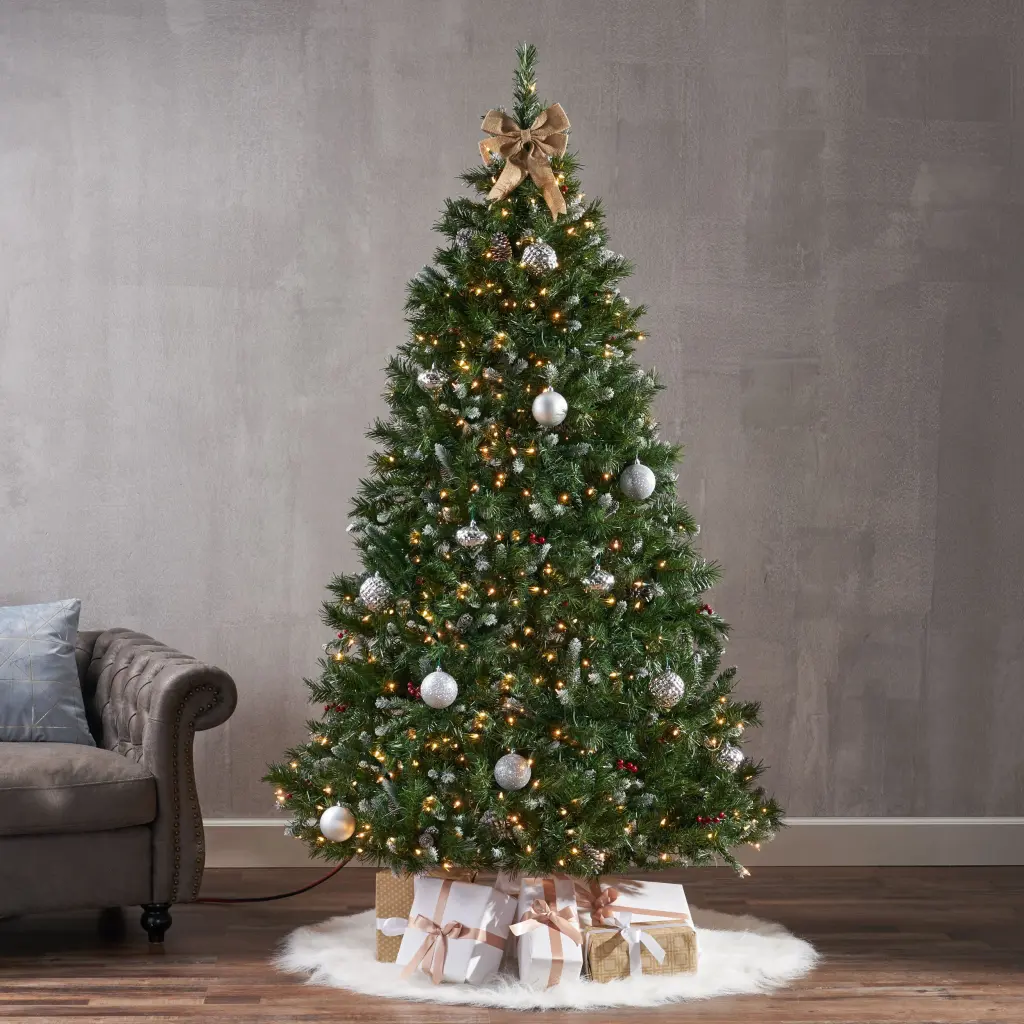 7' Mixed Frosted Hinged Tree 52 Frosted Pine Cones And 26 Red Berries Christmas Decor nh-bc furniturings