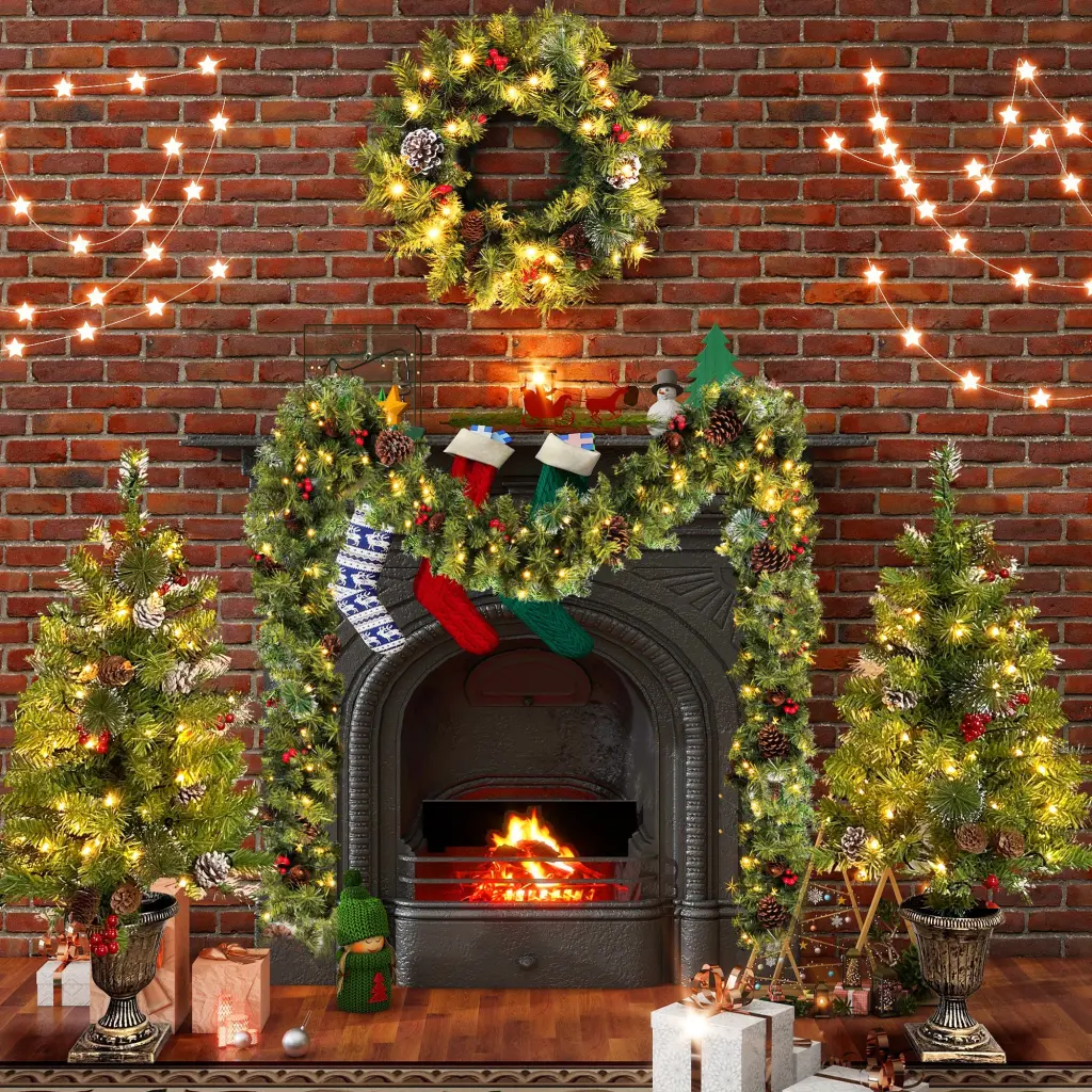 Pre Lit Artificial Christmas Tree 4 Piece Set Garland Wreath and Decorations rnb