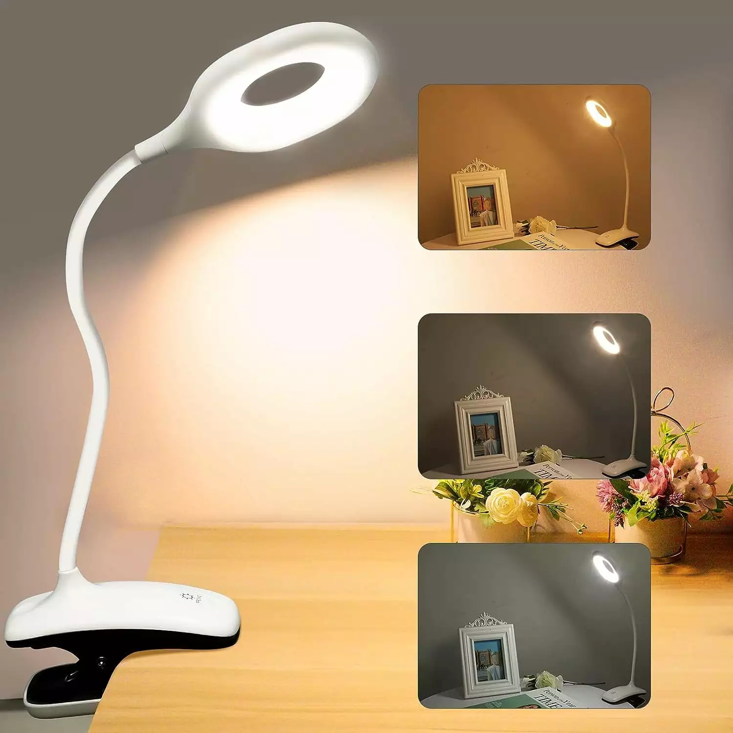 LED Desk Lamp Clip on Light Reading Light 3 Modes Stepless Dimming 360 Rotation USB Rechargeable Clip on Lamp Desk Bed Hea...