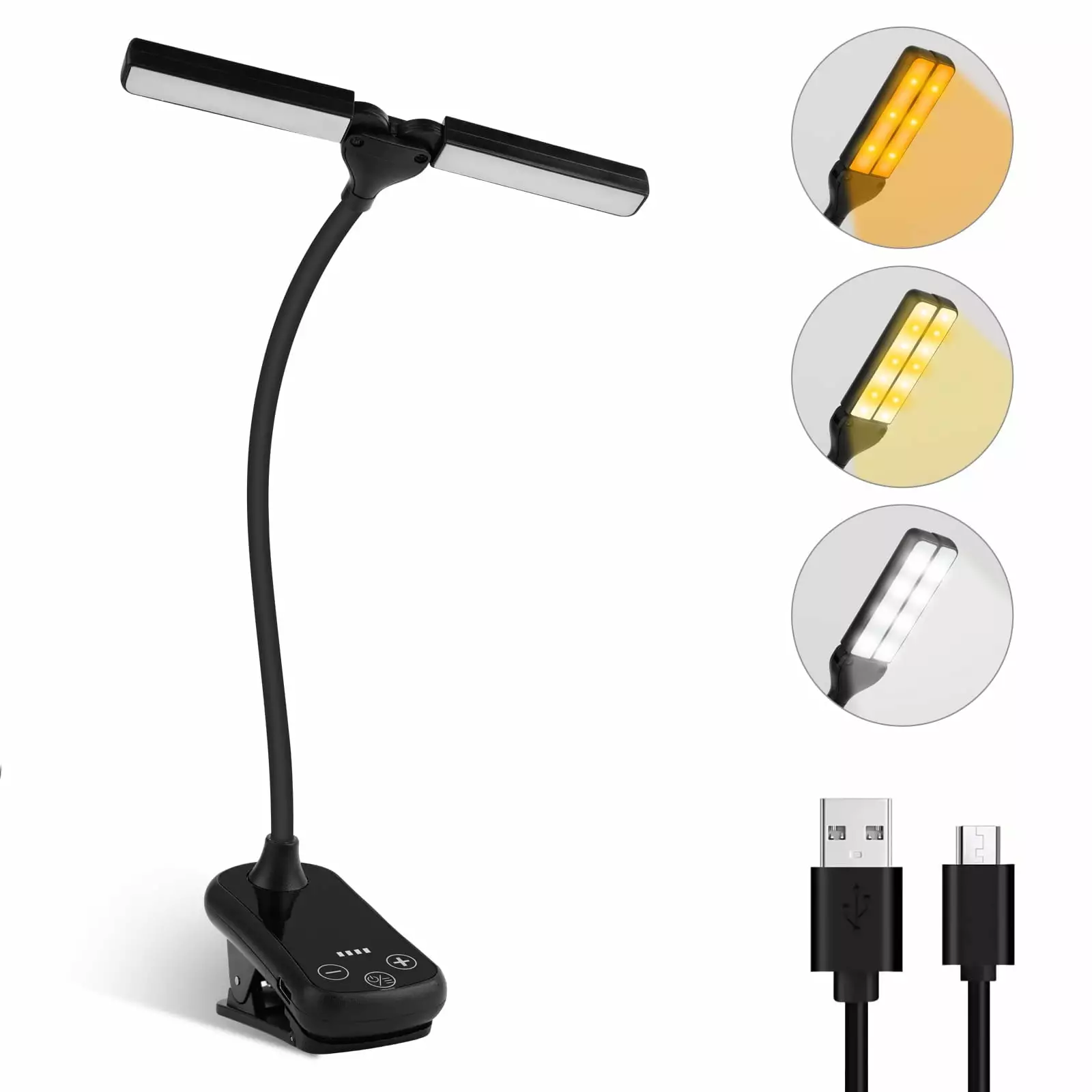 TSV Dual Head 14 LED Reading Light 180° Adjustable Clip On Desk Lamp 3 Colors Rechargeable